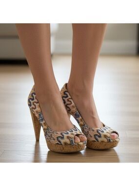 Missoni Cork Cone Heel Platform Peep Toe Stilettos Leather Sole / Lining Sz 9